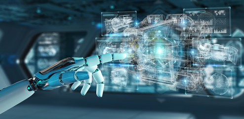 Cyborg using wireframe holographic 3D digital projection of an engine