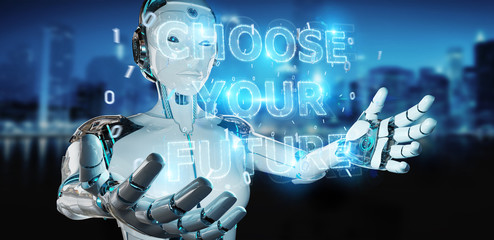 White cyborg woman using future decision text interface 3D rendering