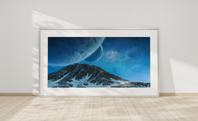 Large horizontal frame leaning on a white wall 3D rendering