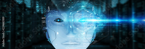 Cyborg head using artificial intelligence to create digital interface 3D rendering