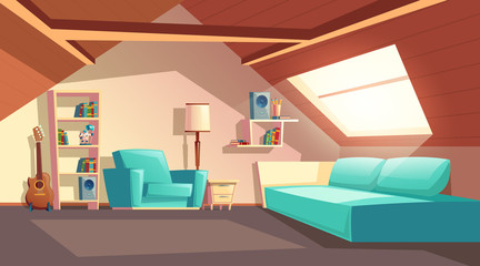 Vector cartoon background with empty garret room, modern loft apartment under wooden roof, attic interior. Cozy cockloft with furniture, big sofa, shelves with books, loudspeakers, floor lamp, guitar © vectorpocket