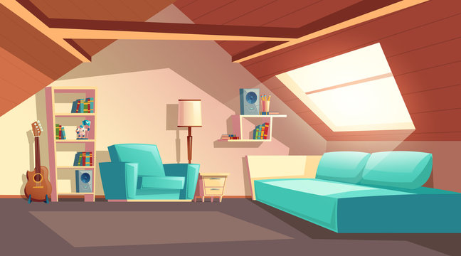 Vector cartoon background with empty garret room, modern loft apartment under wooden roof, attic interior. Cozy cockloft with furniture, big sofa, shelves with books, loudspeakers, floor lamp, guitar