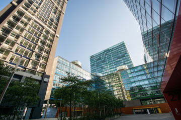 Tall modern buildings with smooth reflections in the windows. Hamburg, Germany.
