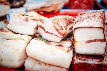 various tasty meat delicacy, bacon, sausages ham