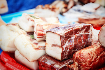 various tasty meat delicacy, bacon, sausages ham