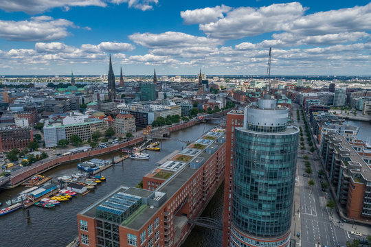 Aerial view of amazing port of Hamburg, Germany. Boats, ships and beautiful buildings.