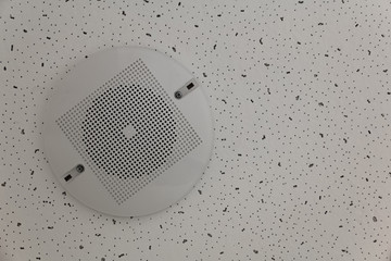 A round white speaker with a mesh is fixed to the white ceiling tile with screws.
