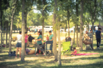 Abstract blurred group of friend and family members enjoy barbecue on lakeside picnic area. Outdoor camping and folding chairs at park in Grand Prairie, Texas, US. Outside Party and BBQ Concept - obrazy, fototapety, plakaty