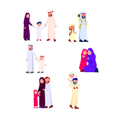 Set Group Illustration Happy Arabian Family, Father, Mother, Daughter And Son Flat Vector Cartoon Simple