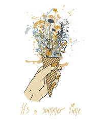Vector illustration. Stylized waffle cone with flowers in the hand. Print design element. Summer time.