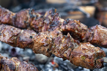 Shashlik on a stick in smoke