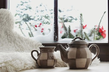 Couple of tea cups on the window, view to the winter garden