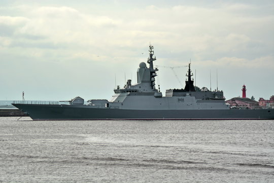 Russian modern military missile ship of Corvette class built on stealth technology on the berth in the sea Bay