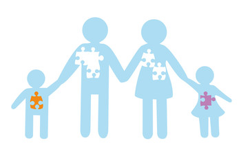 silhouette of the family. father, mother, daughter and son. a happy family. puzzles. vector illustration.