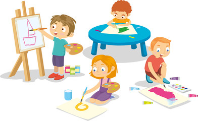 Kids group drawing with canvas on the table