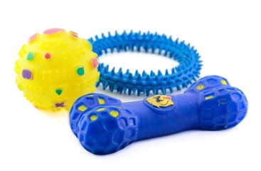 Toys for pets dog and cat. Rubber ball, ring, bone on white background.