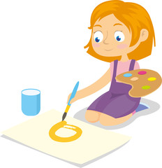 Beautiful young girl drawing with aquarelle technique