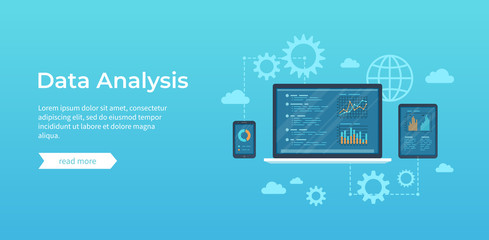 Data analysis. Analytics, statistics, audit,  research, report. Web online and mobile service. Financial reports, charts graphs on screens of laptop, phone, tablet. Business background banner. Vector