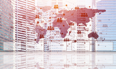 Concept of global communication and networking with world map over cityscape