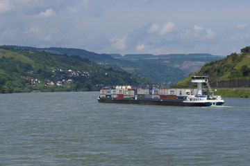 Container barge on the River Rhine Germany.