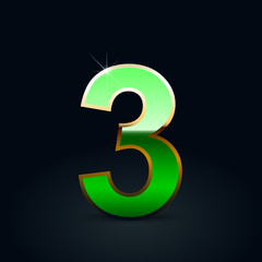 Green glossy casino number 3 with golden outline isolated on black background