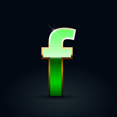 Green glossy casino letter F lowercase with golden outline isolated on black background