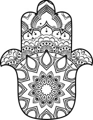 drawing of a line art Hand of Fatima Hamsa with round ethnic black and white pattern on a white background. Hand drawn tribal vector stock illustration, can be used as a coloring page