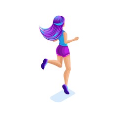 Isometrics girl jumping, having fun, enjoying herself with colorful hair, the concept of magical bright hair, creative fashion hairstyle, rear view