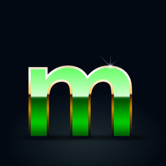 Green glossy casino letter M lowercase with golden outline isolated on black background