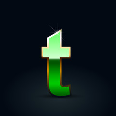 Green glossy casino letter T lowercase with golden outline isolated on black background