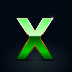 Green glossy casino letter X uppercase with golden outline isolated on black background