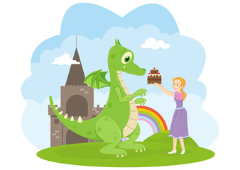 Obraz na płótnie Canvas Princess give a chocolate cake to a cute monster in fairytale