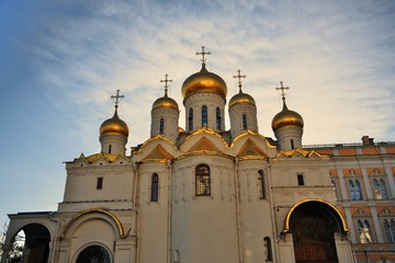 Annunciation church of Moscow Kremlin. Popular landmark. Blue sky background. Color photo.