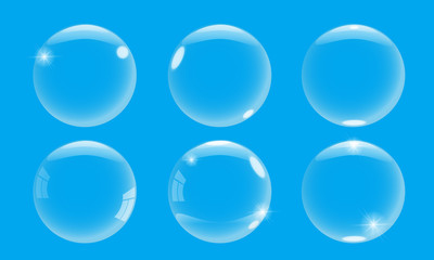 Realistic 3d soap bubble with on blue background. Vector Soap Bubble set illustration.