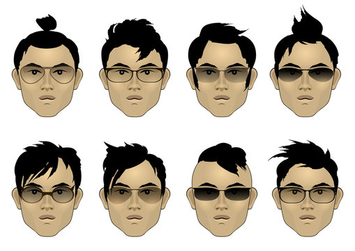 Set of Asian men's faces with hairstyles and sunglasses. Vector colorful illustration. Stock-vektor | Adobe Stock