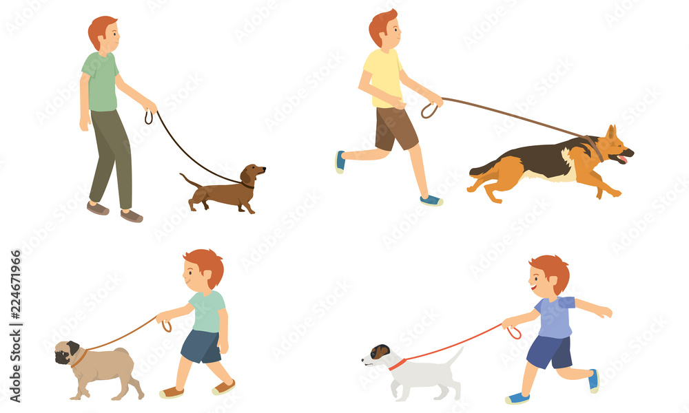 Wall mural  Young guy and kids walking with dogs vector set