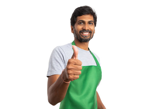 Supermarket staff making thumb up gesture