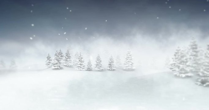 winter seasonal landscape at snowfall and fog, nature zoom introduction 3D footage render with white ending