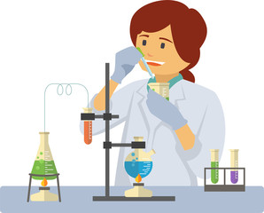 chemist with test tubes and flasks, glass beaker