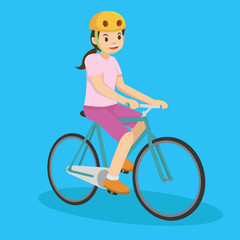 Happy young girl in pink riding a bicycle. Vector illustration