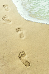 Fototapeta na wymiar Texture background Footprints of human feet on the sand near the water on the beach