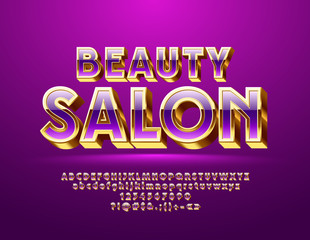 Vector chic Violet and Golden sign Beauty Salon. Glamorous 3D Font. Bright Alphabet Letters, Numbers and Symbols.