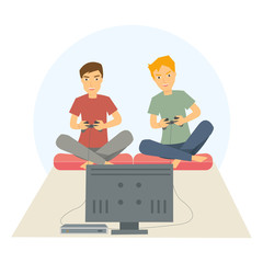 Two guys playing games on his big flat television screen in their living room