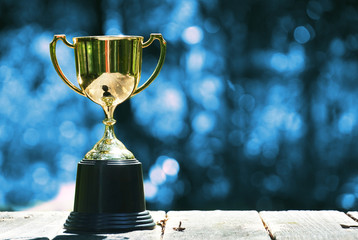 Trophy on wood table with blue bokeh background , win concept