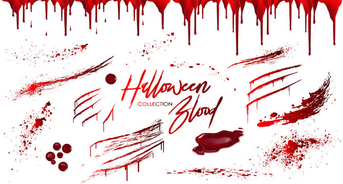 Blood collection, Happy Halloween decoration, Vector bloody horror drop, drip, splatter, creepy splash, spot, ... Realistic blood on transparent background, isolated.