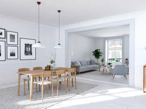 Fototapeta modern nordic dining room in loft apartment. 3D rendering
