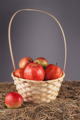 ripe red apples in a beautiful straw basket close-up