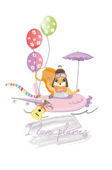 Series of vector illustrations with cute funny animals in cartoon style. Pilot Squirrel in airplane. Birthday elements.