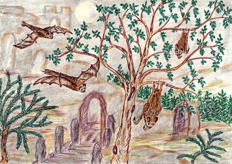Hand drawn multicolor illustration with nature theme (bats at night) - scan