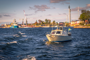 Stockholm - September 23, 2018: Boats cruising in the Swedish Archipelago in Stockholm, Sweden